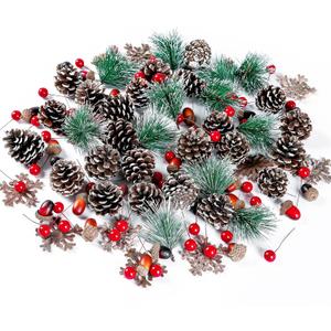 Sggvecsy 120 Pcs Artificial Pine Cones Pine Needles Artificial Red Holly Berries Natural Wooden Snowflake Christmas Wreath Accessories for DIY Christmas Garland Wreath Holiday Decoration