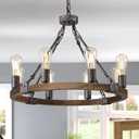 Benkut Farmhouse Wagon Wheel Chandelier 23.6" Black Rustic Light Fixtures 8-Light Wood Round Chandelier for Dining Room Kitchen Entryway Foyer