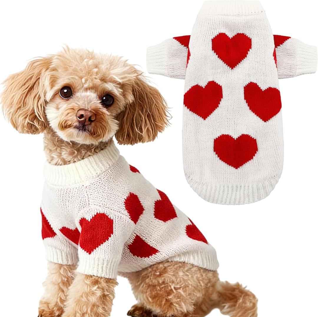 Hillban Valentines Dog Costume Pet Knitted Heart Sweater Small Puppy Clothes Warm Soft Outfits for Small Dogs and Cats(Chest 15.7in,Neck 10.2in,Back Lengt 14.2in)