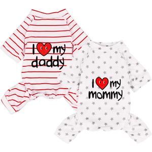2-Pack Cotton Dog Pajamas Lightweight Dog Onesies for Small Medium Dogs and Cats Puppy Body Suits Cute Baby Dog Jumpsuit I Love My Mommy/Daddy Printed Pet Clothes, Grey Stars/Red Stripes, XXL