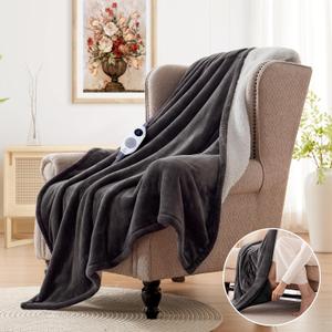Westinghouse Electric Throw Blanket with Foot Pocket for Adults, Soft Flannel to Sherpa Heated Throw with 6 Heating Levels & 2-10 Hours Time Settings, Fast Heating & Machine Washable, 50x62, Charcoal