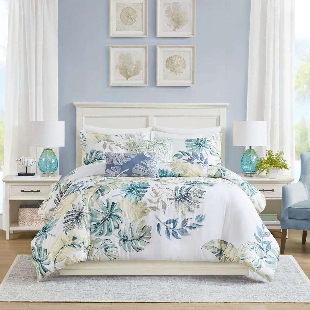 Harbor House 100% Cotton Duvet Cover, Coastal, Beach Cottage Design, All Season, Breathable Comforter Tropical Bedding, Matching Shams, Lorelai Monstera Leaf Cal King (106"x90"), 5 Piece