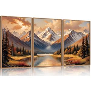 FWIEXA Natural Mountain Framed Canvas Wall Art Set, Pine Tree Forest Modern Wall Decor, Pretty Grassland River Artwork, Woodland Landscape Scenery Prints for Living Room, Office - Size 16"x24"x3