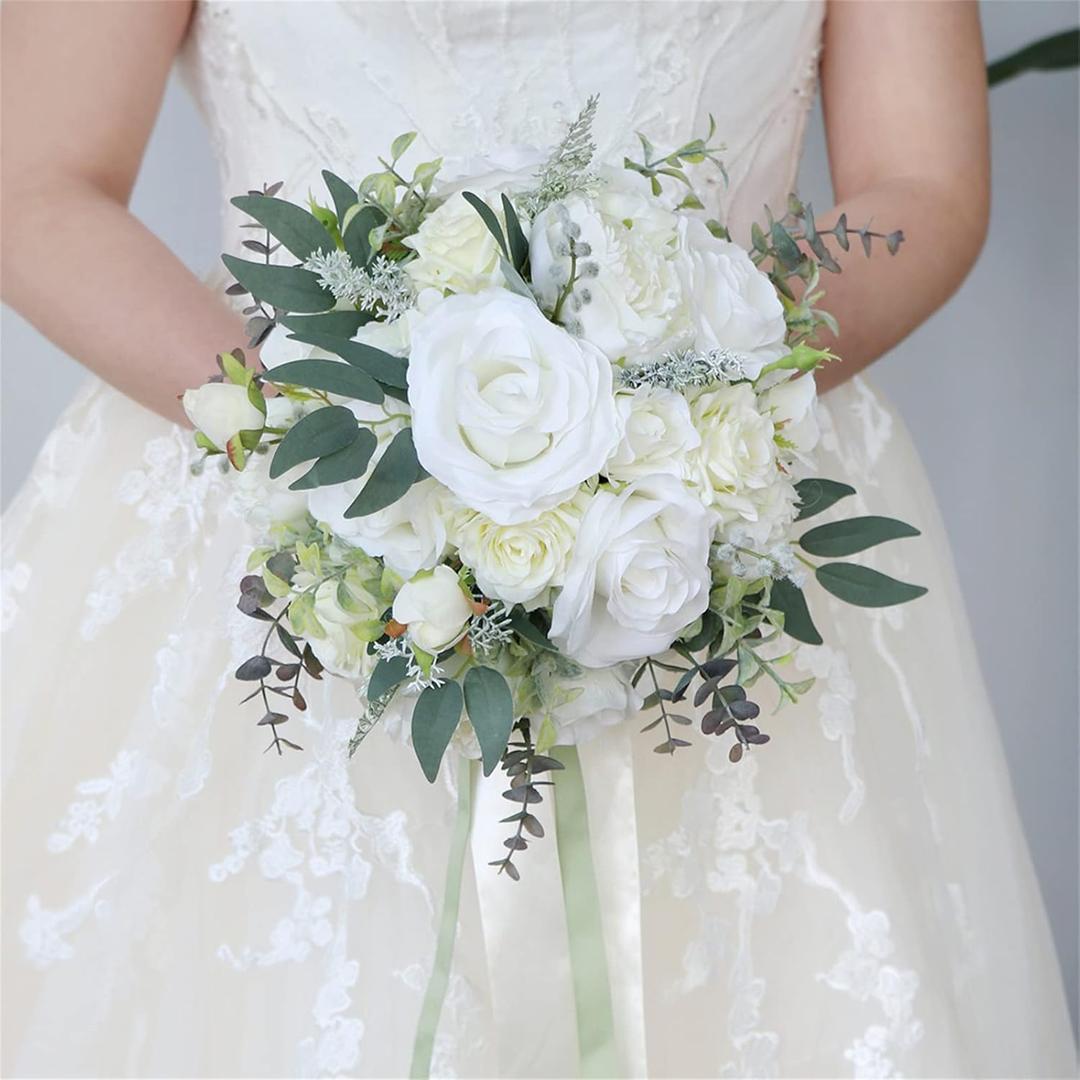 Wedding Bouquet Artificial Roses Flower Bride Bridal Bouquets Handmade Silk White Rose Flower Wedding Bridal Bouquets for Church Party Home Decoration