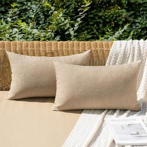 MIULEE Pack of 2 Decorative Outdoor Solid Waterproof Throw Pillow Covers Faux Linen Garden Farmhouse Cushion Cases for Patio Tent Balcony Couch Sofa 20x12 Inch Light Tan