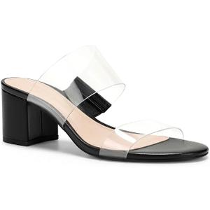 Coutgo Women's Clear Heeled Sandals Transparent Two Strap Chunky Block Heels Mules Open Toe Slip On Dress Shoes, 8