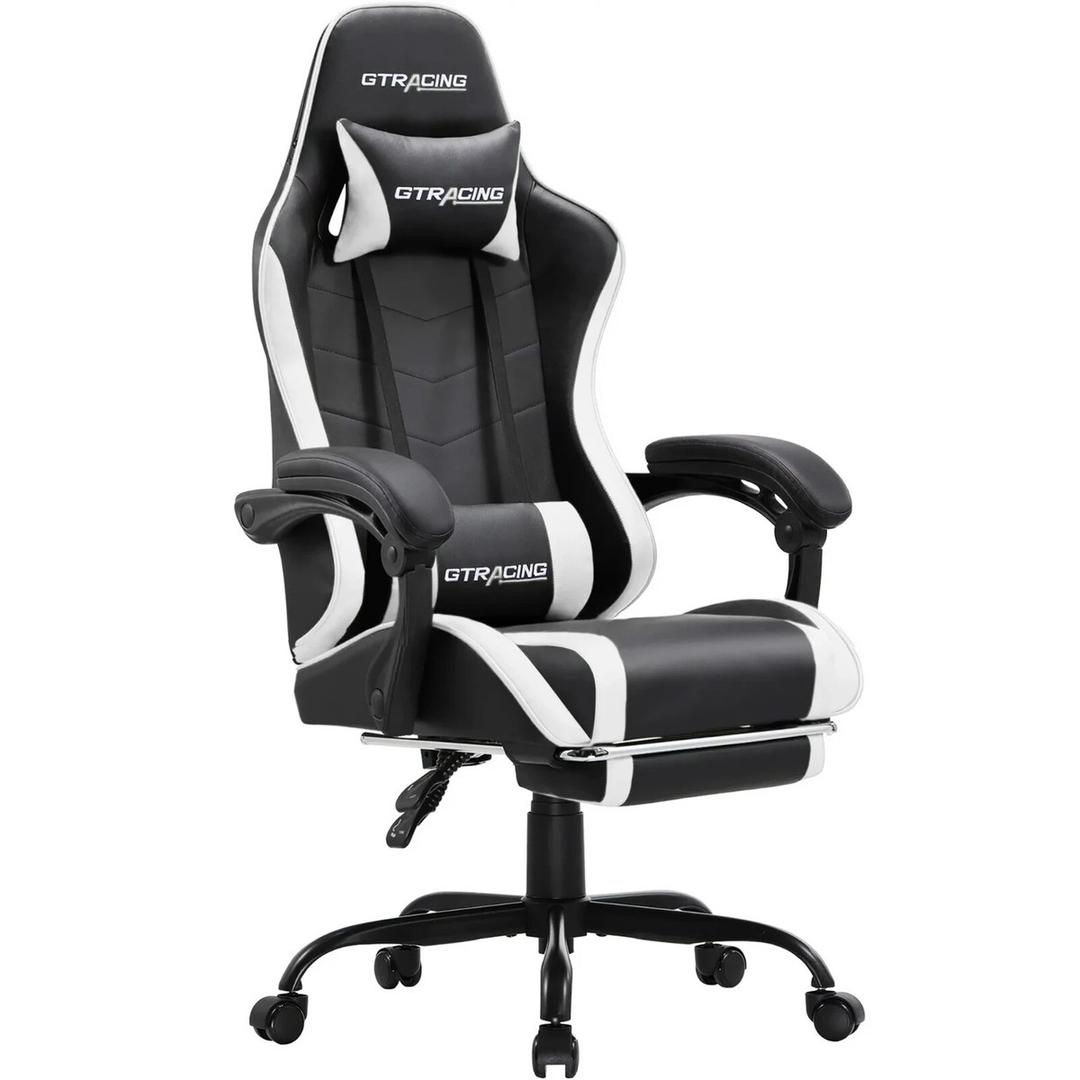 GTRACING Gaming Chair with Footrest, Ergonomic Computer Game Desk Chair, Reclining Gamer Chair Seat Height Adjustment, Swivel Rocker with Headrest and Lumbar (white)