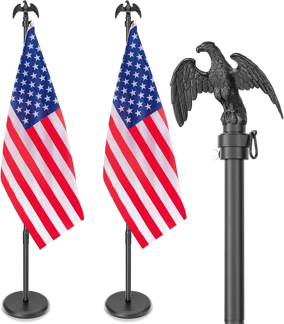 8 FT Indoor Flag Pole and Stand, Heavy Duty Indoor Flag Pole Kit with Weighted & Thickened Base, Eagle Topper, 3x5 FT American Flag, Adjustable Presidential Indoor Flagpole for Office School City Hall (Black)