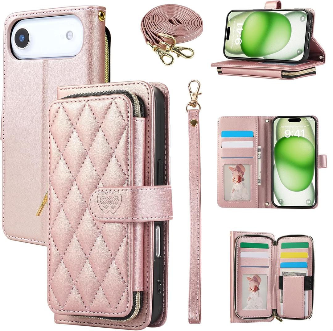 Wallet Case for iPhone 17 Air 6.5 inch with Zipper Card Holder & Shoulder Strap & Wrist Strap, Crossbody Purse Handbag Stylish Protective Cover for iPhone 17 Air -Rose Gold
