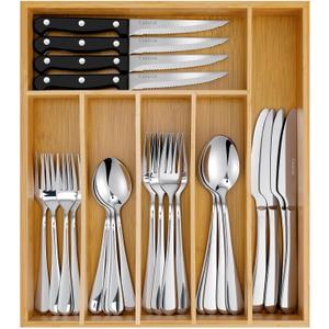 49-Piece Silverware Set with Bamboo Organizer for 8, Heavy-Duty Stainless Steel Flatware Set with Steak Knives, Rust-Proof & Mirror Polished, Dishwasher Safe(organizer is only for packaging)