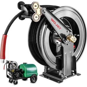WOJET Pressure Washer Hose Reel 50 ft x 3/8 in, Retractable Hose Reel for Water/Air/Oil, Heavy Duty Hose Reel in Steel, Power Washer Reel with Dual Arm, Auto Rewind, Max 4000PSI (Without Hose)