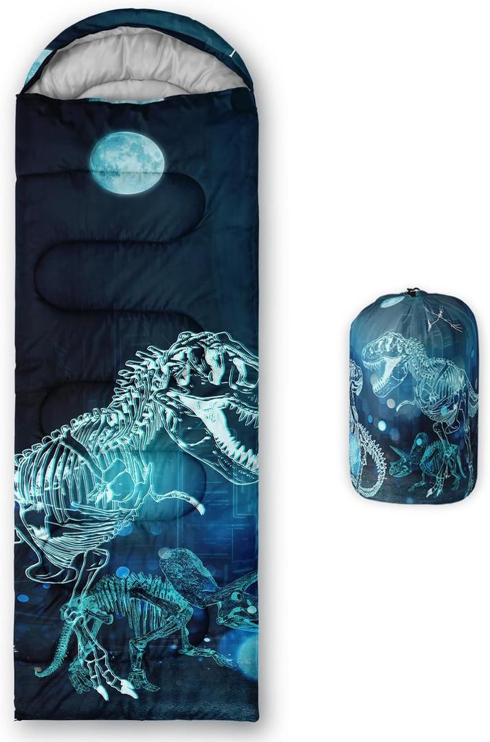 Sleeping Bags for Adults and Kids Camping Sleeping Bags for Girls and Boys Lightweight Waterproof Cold/Warm Sleeping Bag for 3 Season (Single -31.5x90.5, Blue Dinosaur)