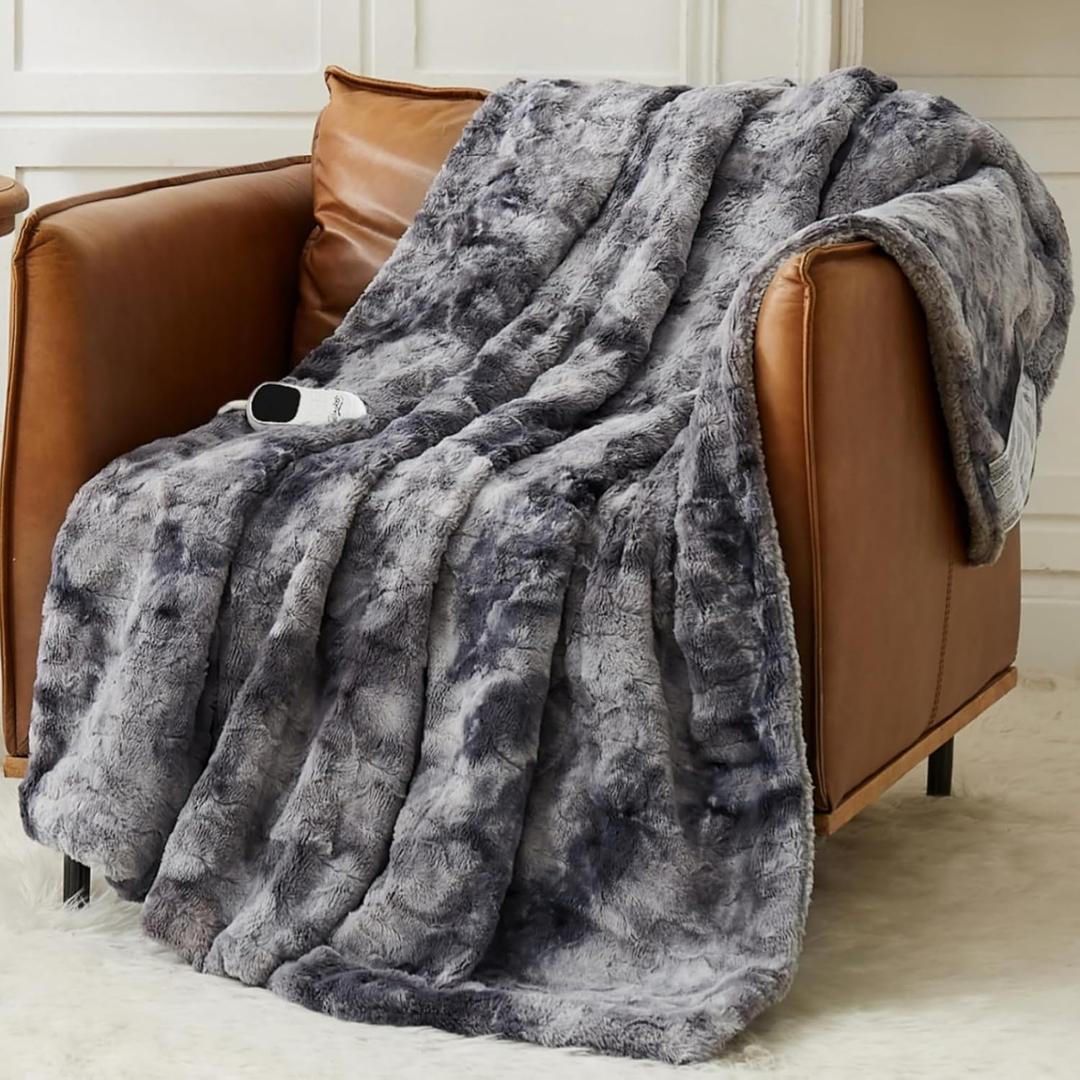 Homemate Heated Blanket Electric Throw - 50x60 Heating Blanket Throw 5 Gears Auto-Off 10 Heat Levels Over-Heat Protection Luxury Faux Fur Sherpa Heater Electric ETL Certification (50"x60", Grey)