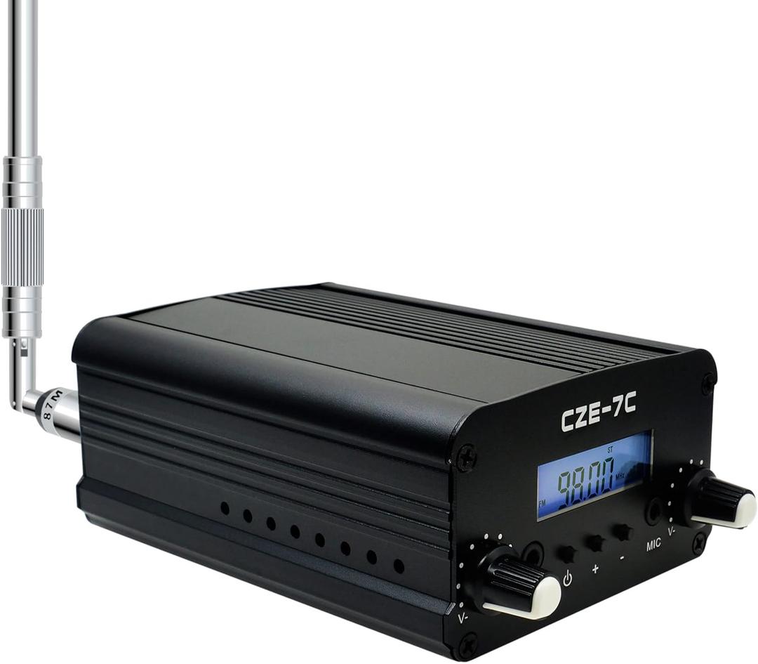 BaseWish 7W 1W Long Range FM Transmitter with LCD & 3.5mm Audio Cable  Ideal for Drivein Church, School & Supermarket Events, Light Shows & Fireworks Display  Black