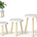3-Pack Wood Plant Stands Indoor, Single Plant Stand for 6-12 Inch Pots, Mid-Century Modern Plant Stool, Tall Plant Stand for Large Plants for Living Room, Balcony, Office (White) (White Tray with Wood Color Legs)