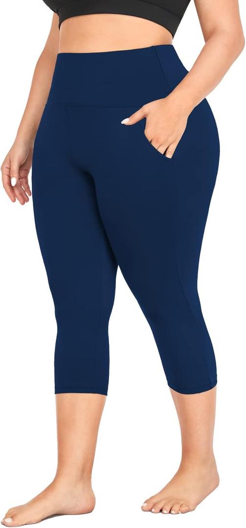 MOREFEEL Capri Plus Size Leggings for Women with Pockets-Stretchy XL-4XL Tummy Control High Waist Workout Black Yoga Pants (3X-Large, 04 Navy Blue)