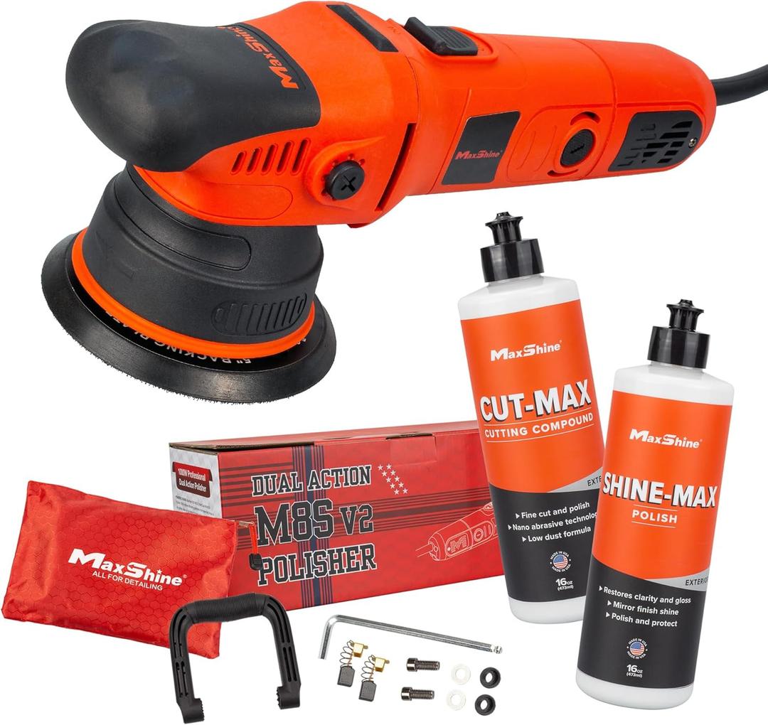 Maxshine 3 Pieces M8S V2 Dual Action Polisher &16oz Compound/Polish Car Detailing Kit - 1000W, 8mm Throw, 5 Plate, Thread 5/16-24 - Powerful Auto Detailing Tool for Paint Protection (M8S V2 Kit 2)