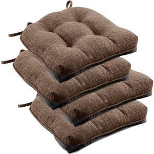 downluxe Indoor Chair Cushions for Dining Chairs, Tufted Overstuffed Textured Foam Kitchen Chair Pads with Ties and Non-Slip Backing, 15.5" x 15.5" x 4", Brown, 4 Pack