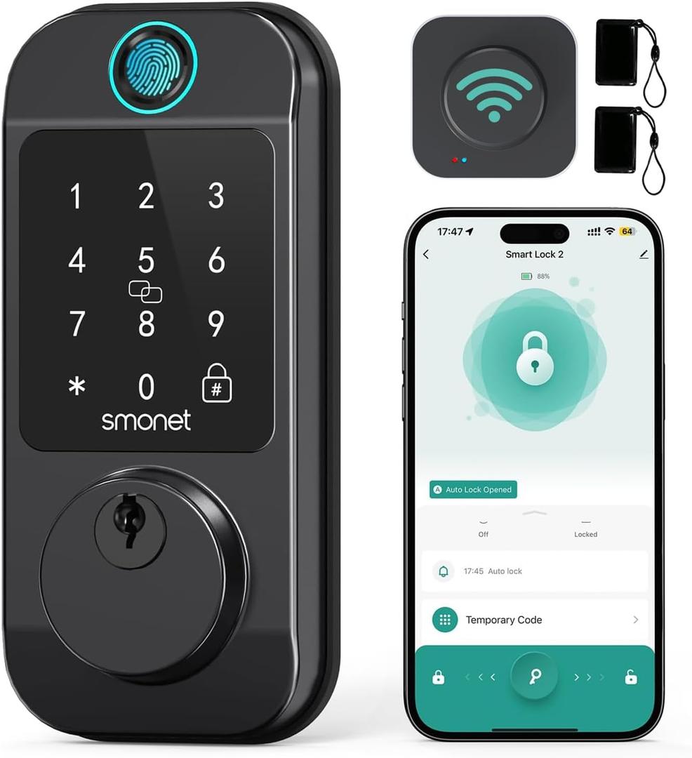 Smart Locks WiFi Deadbolt: SMONET Fingerprint Front Door Lock Keyless Entry with Keypad Electronic Digital Deadbolt Alexa Gateway Remote Control, Bluetooth APP KeyFob Code Auto-Lock for Home, Black