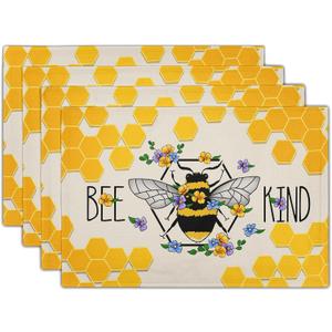 Giwawa Bee Kind Placemats Set of 4-12"x18" Summer Bees Floral Linen Place Mat- Yellow Honeycomb Washable Heat Resistant Table Mats for Kitchen Dining Party Tabletop Picnic Decoration