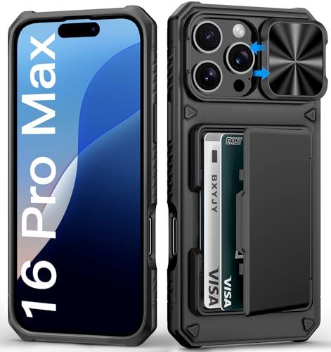 BXYJY for iPhone 16 Pro Max Case Wallet, Built-in Card Holder (4-5 Cards), Slide Lens Cover, Military Drop Protection, Rugged Heavy Duty Men Women Protective Phone Case for iPhone 16 Pro Max, Black