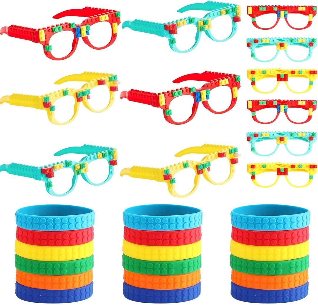 24 PCS Building Blocks Glasses Wristbands for Colorful Block Party Favors Set DIY Building Bricks Games Glasses Color Brick Silicone Bracelet for Creative Building Block Birthday Party Supplies