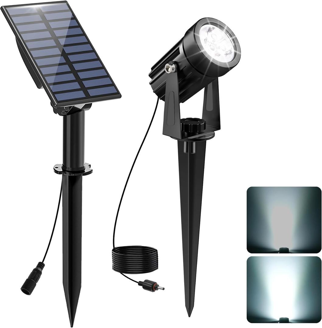 Solar Spot Lights Outdoor, Solar Landscape Spotlights IP65 Waterproof 9.8ft Cable,Auto On/Off Outdoor Wall Lights for Garden Yard Driveway Porch Walkway Pool (6000K White) (1-IN-1)