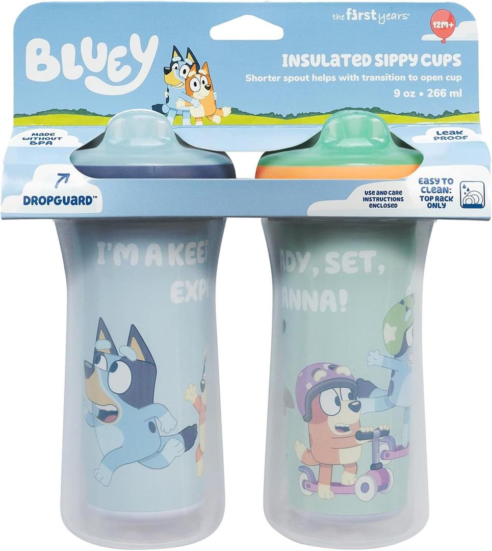 The First Years Bluey Insulated Sippy Cups - Dishwasher Safe Spill Proof Toddler Cups - Ages 12 Months and Up - 9 Ounces - 2 Count