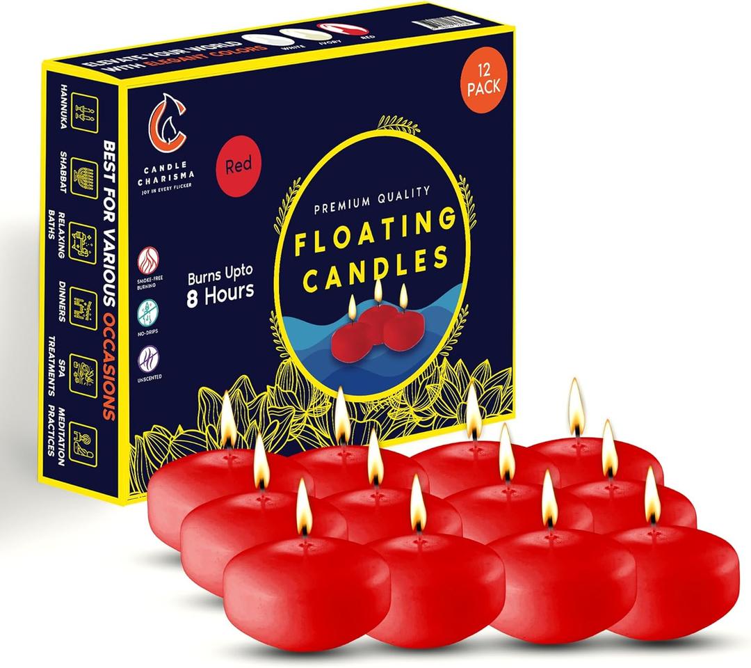 Candle Charisma Red Floating Candles 3 Inch (Set of 12)  8-Hour Dripless, Smokeless Burn with Natural Flickering Flame  Perfect for Weddings, Centerpieces, Pool Nights & Special Events