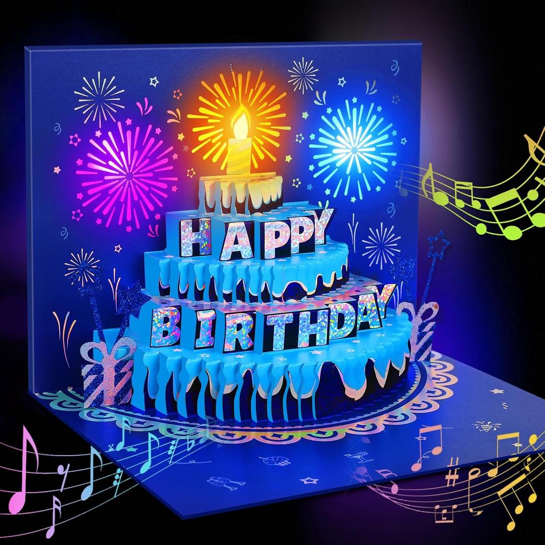 Pop Up Birthday Cards - LED Lights & Musical Fireworks Cake with 3D, Glitter Happy Birthday Greeting Gifts for Women, Girls, Men, Boys (Blue)