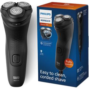Philips Norelco Shaver 1100 Series, Dry Electric Shaver, 27 Self-Sharpening ComfortCut Blades, 4D Floating Heads, P-Cap, Deep Black, Model S1016/90