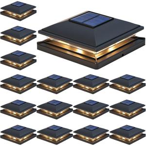APONUO Solar Post Cap Lights - 16 Pack Outdoor Waterproof for 4x4, 5x5, 6x6 Posts, 2 Modes Warm/Cool Light, Solar Powered Fence/Deck/Patio Decor, Black