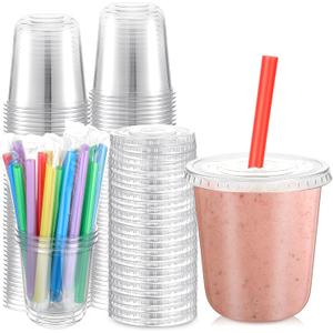 Ziliny 50 Sets 12 oz Clear Cups with Lids and Jumbo Smoothie Straws Disposable Plastic Cups for Smoothies, Bubble Milk Tea, Milkshakes, Cold Drinks (Multicolor)