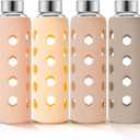 Mrsdry Glass Juice Bottles with Lids and Silicone Sleeves 18 oz, 4-Pack Reusable Clear Glass Water Bottles with Stainless Steel Airtight Cap for Juicing, Refrigerator, BPA Free Leak-Proof Drinking Jar