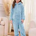 Flygo Girls Fleece Jumpsuits Fuzzy Hooded Rompers Kids Zip up Onesie Romper Costume Warm Winter Clothes 5-14 Years (Blue, L)