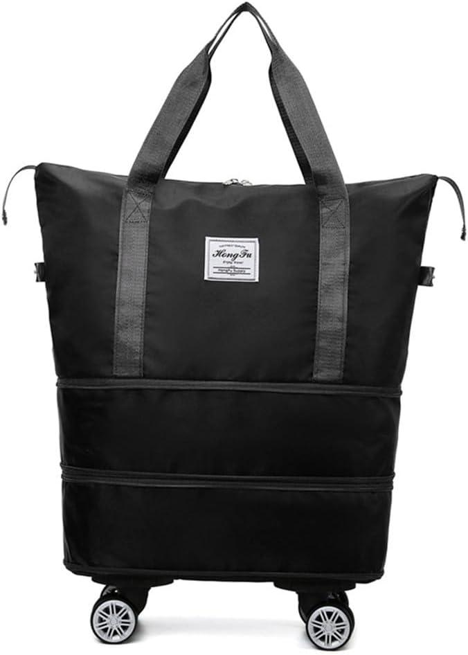 Travel Tote Bag with Trolley Sleeve Expandable Extra Duffel Bag with Wheels Lightweight Traveling Foldable Suitcase (Black)