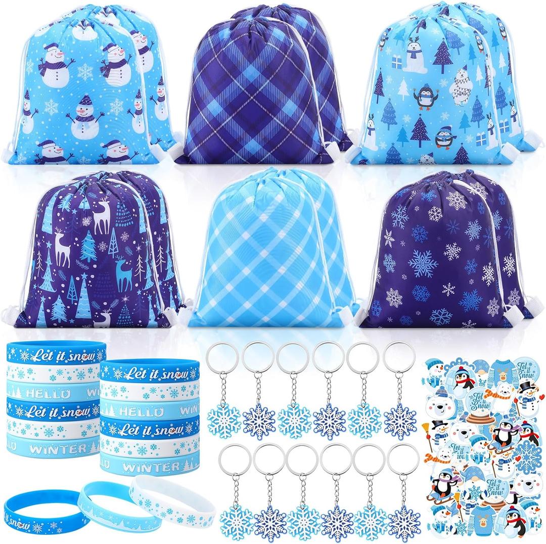 Capoda 86 Pcs Winter Party Favors Birthday Supplies 12 Snowflake Drawstring Bags 12 Silicone Bracelets 12 Keychains 50 Stickers for Christmas Winter Party Supplies Holiday Gifts Goodie Bag Stuffers