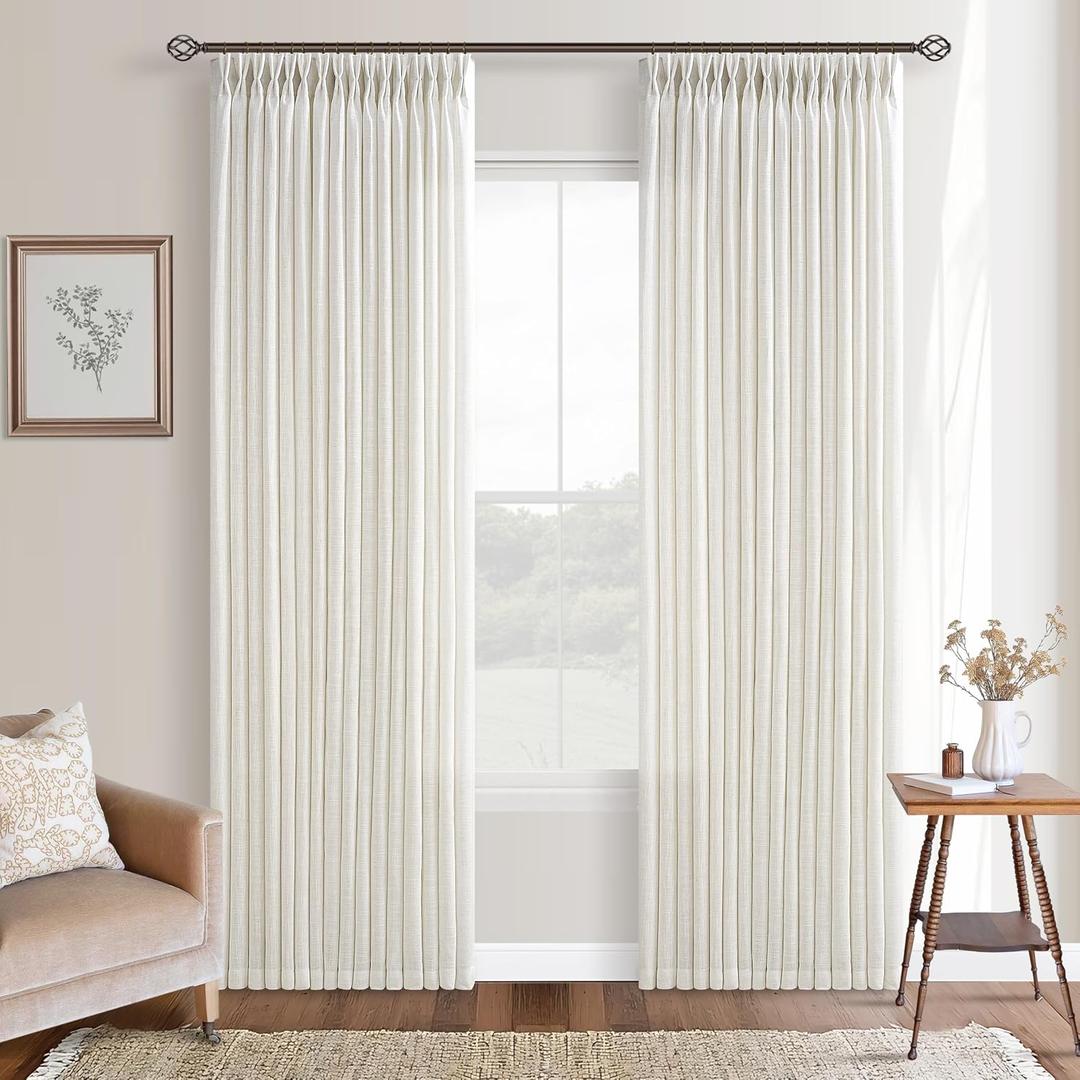 86 Inch Long Linen Curtains Pinch Pleated for Living Room 2 Panels Set Natural Cream Ivory Boho Semi Sheer Light Filtering Neutral 86 Inch Window Curtain Rings Hooks Floor Ceiling Bedroom 50 by 86