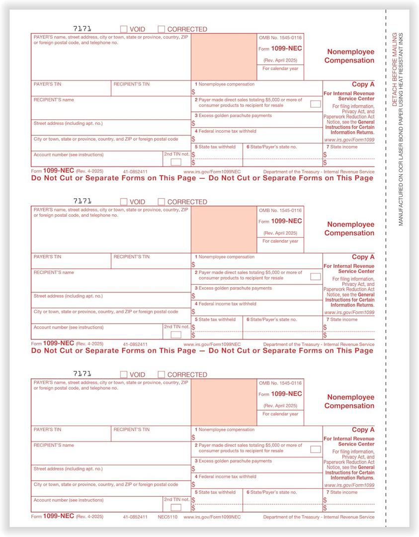 ComplyRight 1099-NEC Federal Copy A Tax Form, 3-Up, Pack of 75 Forms, Tax Filing Supplies