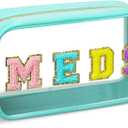 Geetery Chenille Letter Bag Nylon Makeup Bag Portable Bag Makeup Cases Preppy Patch Makeup Bag with Zipper Cosmetic Toiletry Storage Bag for Women(Green,Cute MEDS)