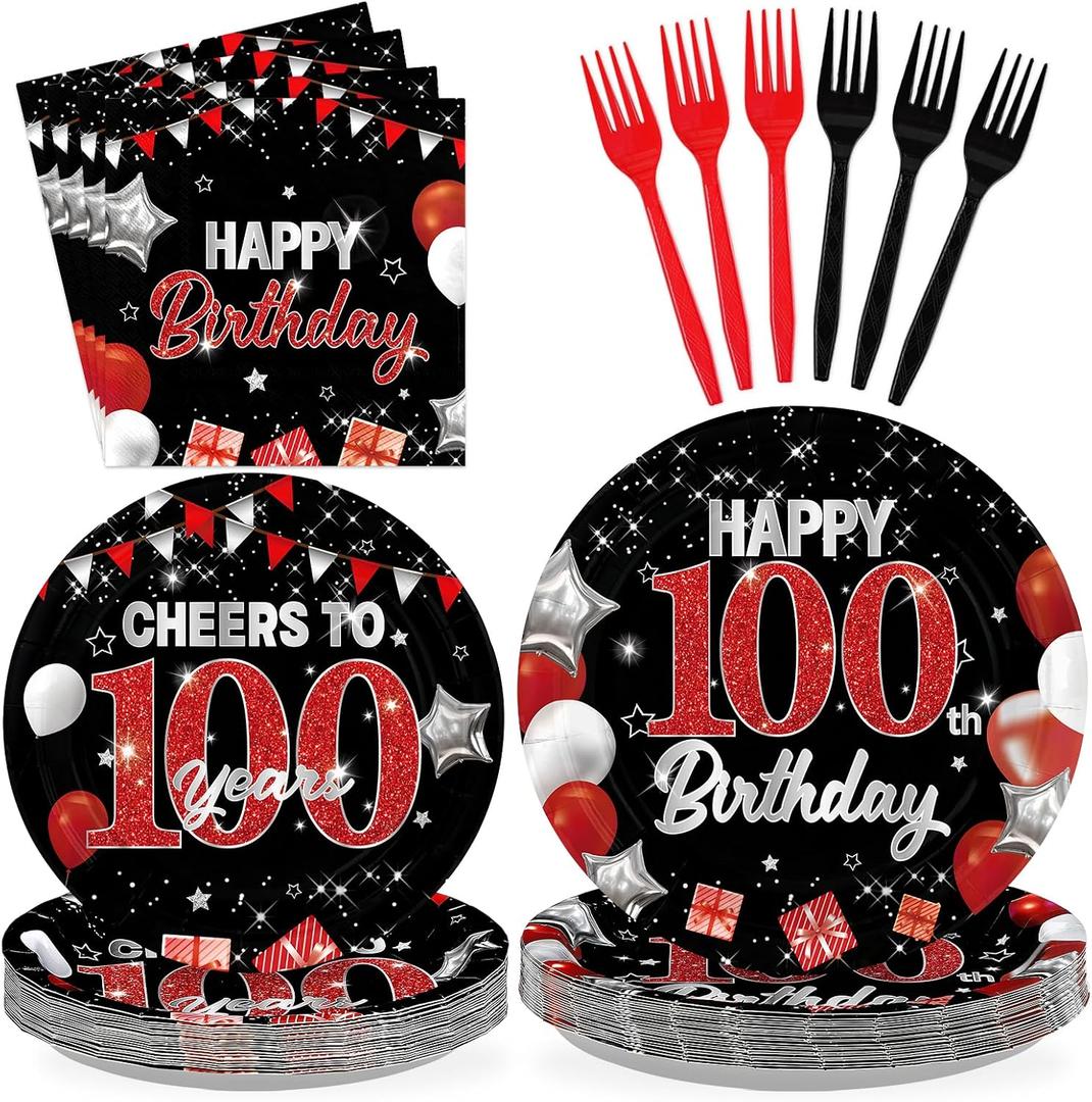 96Pcs Black and Red 100th Birthday Party Decorations, Serves 24