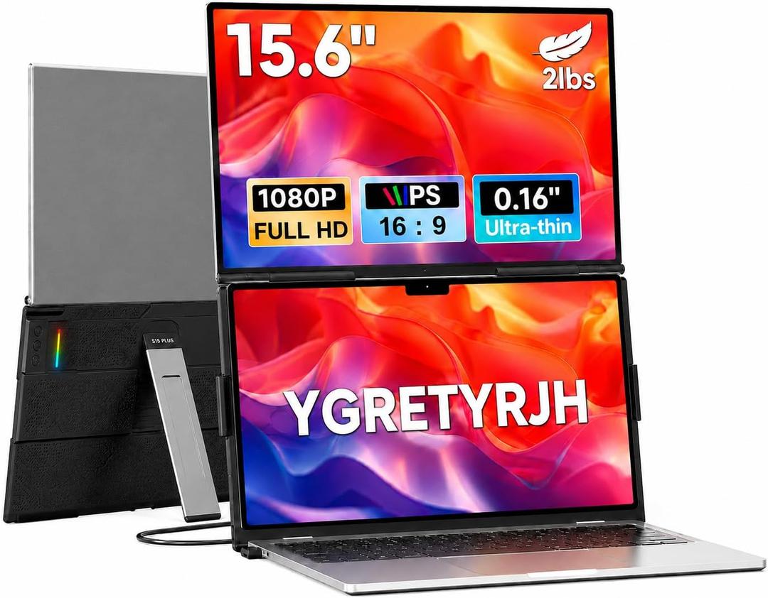 Laptop Screen Extender, 15.6” FHD 1080P Portable Monitor for Laptop, 0.2" Ultra-Thin Display with 100% sRGB, Dual Screen Extender for 13–17” Laptops, Plug & Play for Windows/Mac/Chrome/Android
