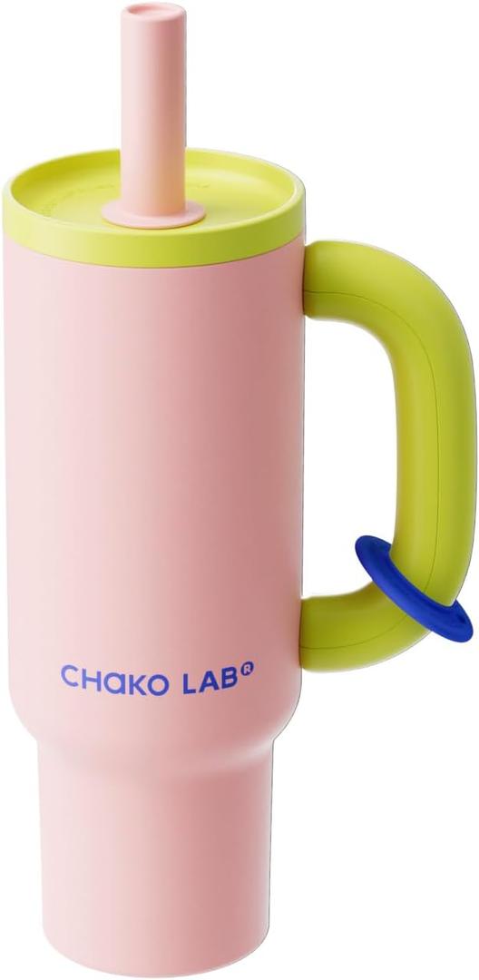 CHAKO LAB BaWang Insulated Stainless Steel Tumbler | Tumbler with Handle and Straw 33oz | Cup Holder Friendly for Travel | Leakproof Water Bottle | BPA-Free | 316 stainless steel liner| pinkgreen