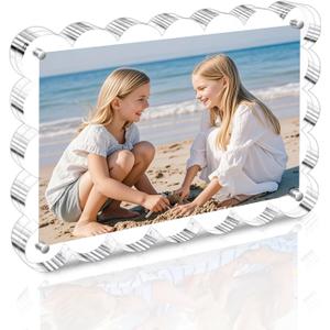 Egofine 4x6 Acrylic Picture Frame 1 Pack, 20mm Thick Magnetic Picture Frame, Double Sided Magnet Frame, Clear Photo Scalloped Frame, Free Standing Desktop Display