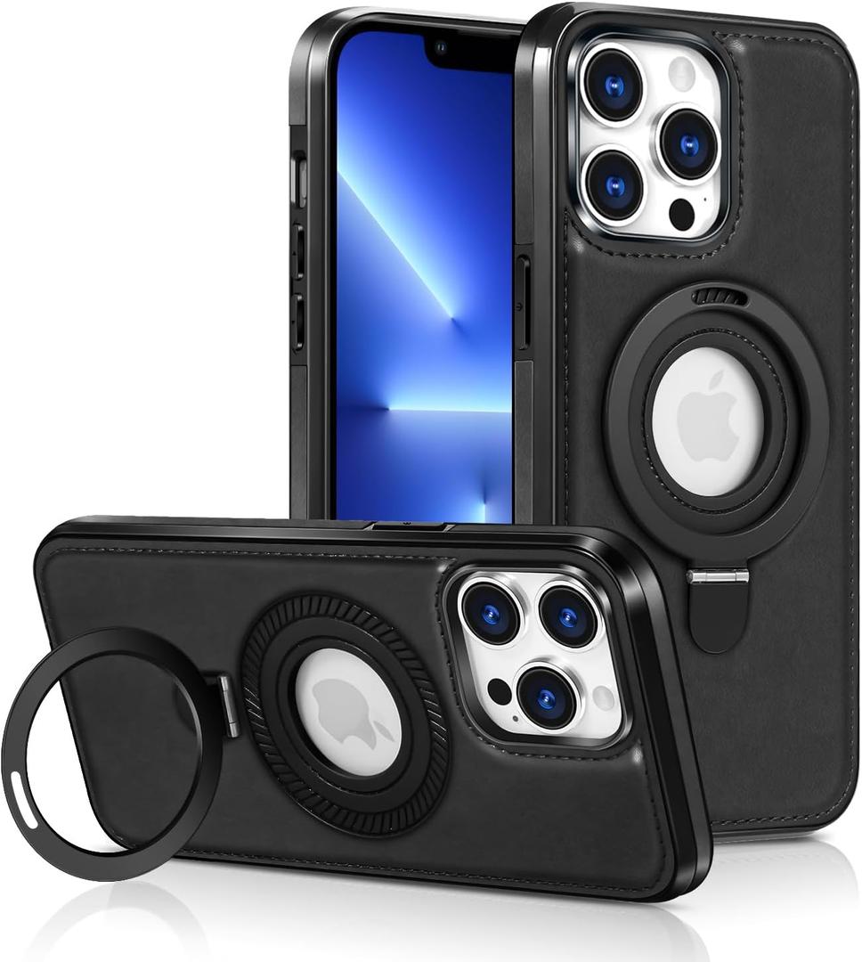 Magnetic for iPhone 13 Pro Max Leather Case, [Compatible with Magsafe] [Invisible Stand] Slim Kickstand Full Protective Case for 13 Pro Max-Black