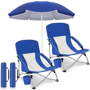Colingmill 3 Pcs Folding Beach Chairs with Umbrella, Low Outdoor Chairs for Adults with Cup Holders and Carry Bags, Portable Set with 61 Inch Shade Canopy, 300 lbs Capacity(Navy Blue)