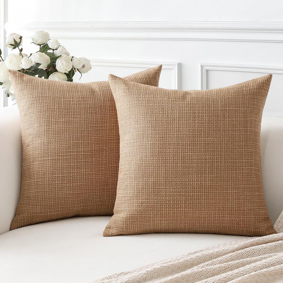OTOSTAR Linen Throw Pillow Covers Set of 2 Decorative Square Pillowcases Cushion Covers 14x14 Inch for Home Decor Sofa Bedroom Car 35 x 35 CM Light Brown