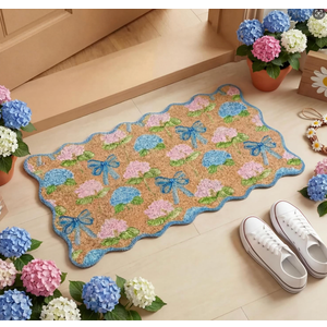 Dunzy Hydrangea Doormat Blue Scalloped Hydrangea Bow Coir Door Mat Spring Indoor Outdoor Front NonSlip Welcome Mat Decorative Rug for Home Entrance Porch