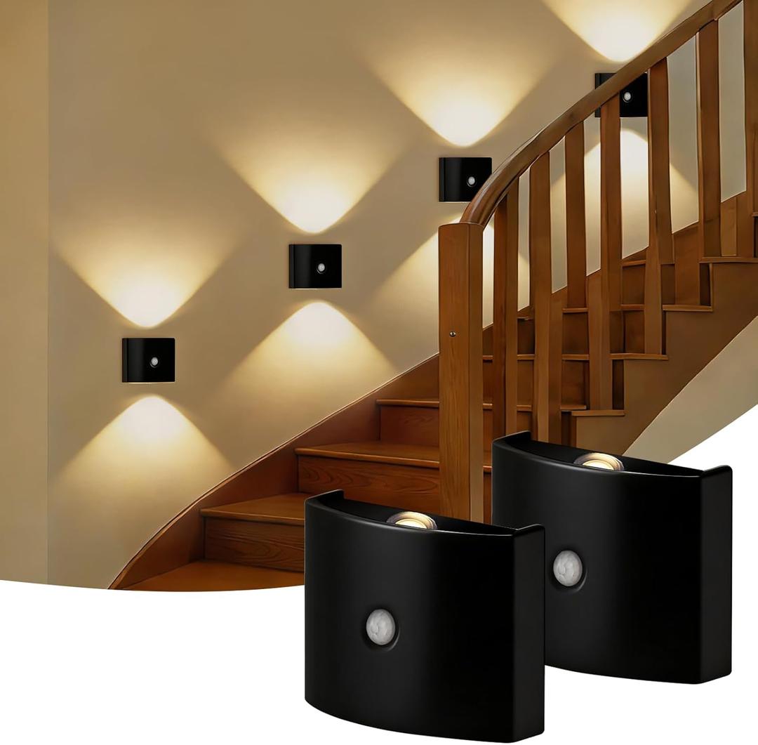 2 Pack Motion Sensor Wall Light, Rechargeable Wall Sconce with 3 Color Temperatures and Brightness Adjustable, Wireless Magnetic Mount for Bedroom, Stair, Hallway, Closet (Black)