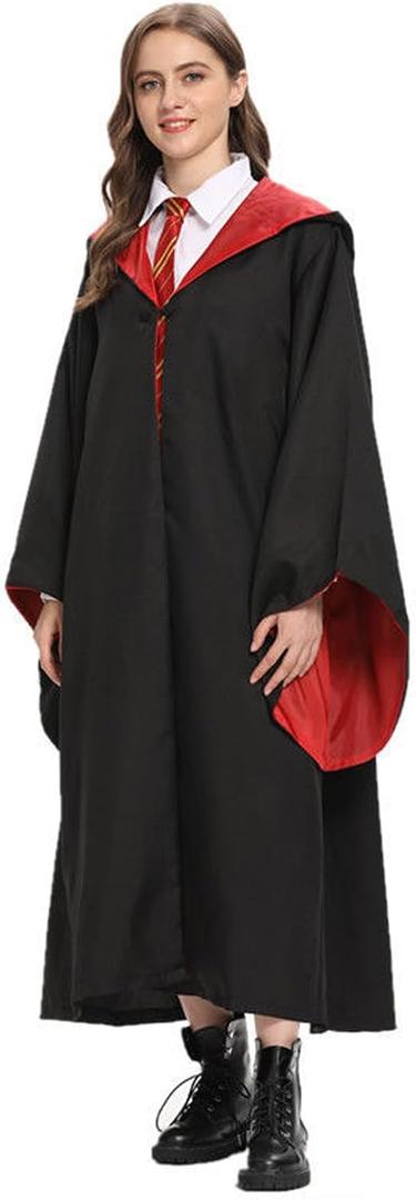 Black Red Wizard Robe with Hood, Halloween Costume for Teens and Adult, Dress Up Cosplay for Men and Women (Large)